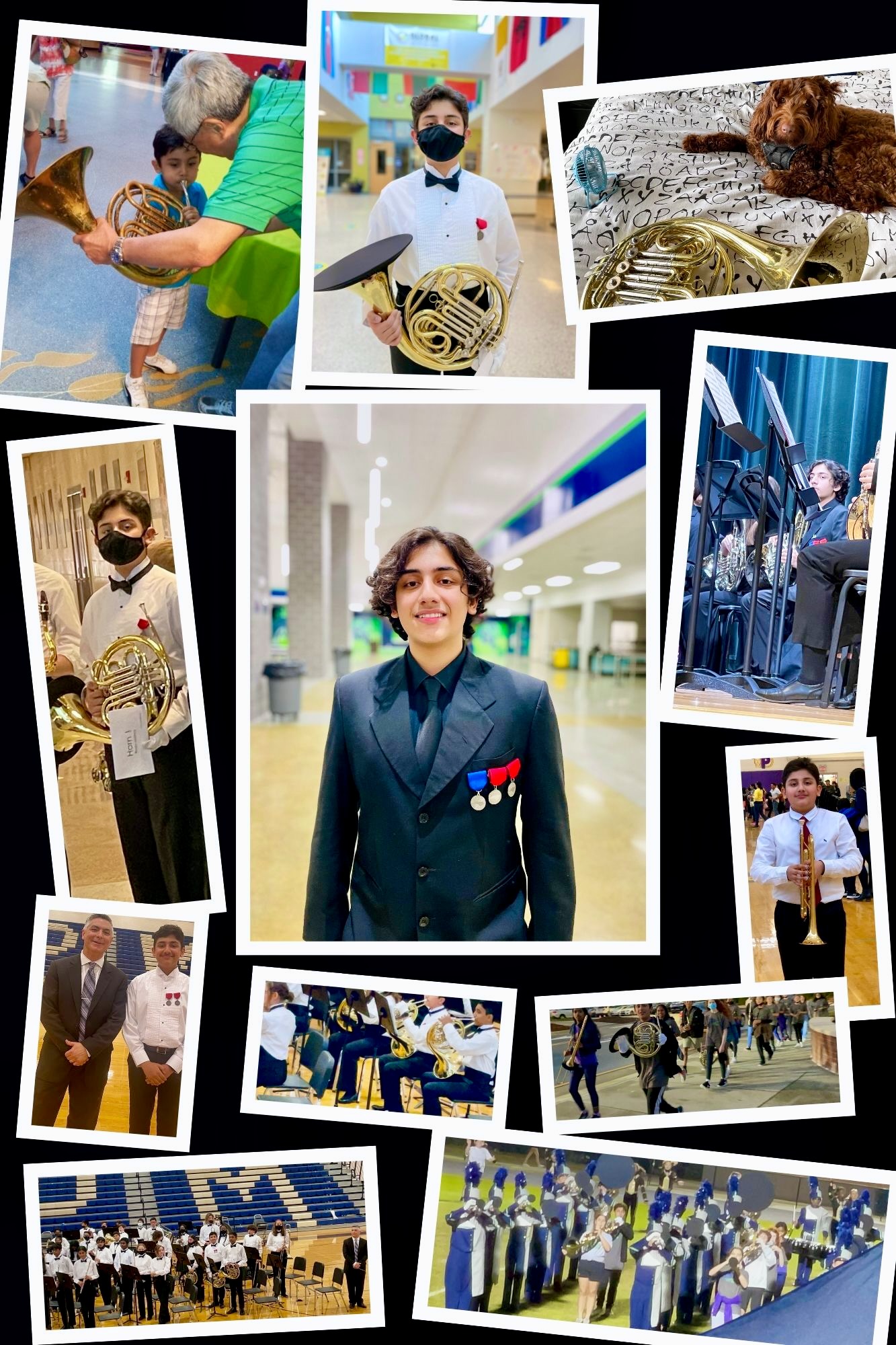French horn journey collage—rehearsals, concerts, and medals